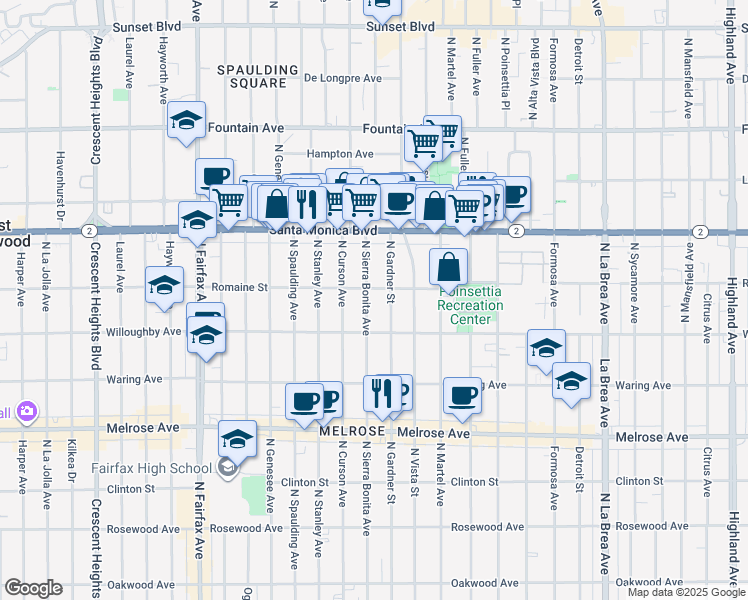 map of restaurants, bars, coffee shops, grocery stores, and more near 1007 North Sierra Bonita Avenue in West Hollywood