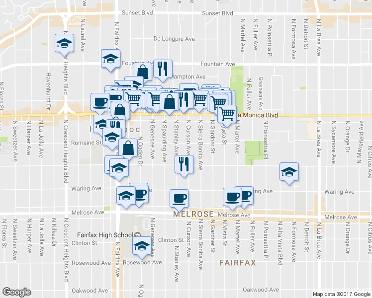 map of restaurants, bars, coffee shops, grocery stores, and more near 1008 North Stanley Avenue in West Hollywood