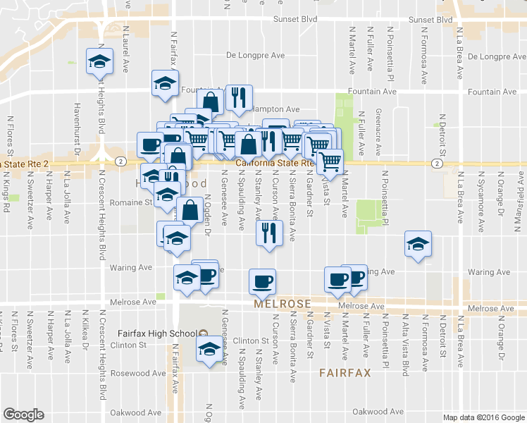 map of restaurants, bars, coffee shops, grocery stores, and more near 1008 North Stanley Avenue in West Hollywood
