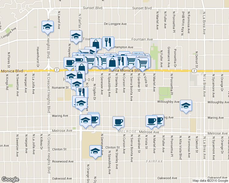 map of restaurants, bars, coffee shops, grocery stores, and more near 1008 North Stanley Avenue in West Hollywood