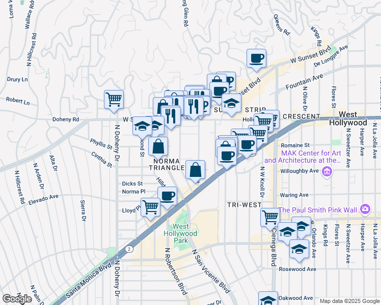 map of restaurants, bars, coffee shops, grocery stores, and more near in West Hollywood