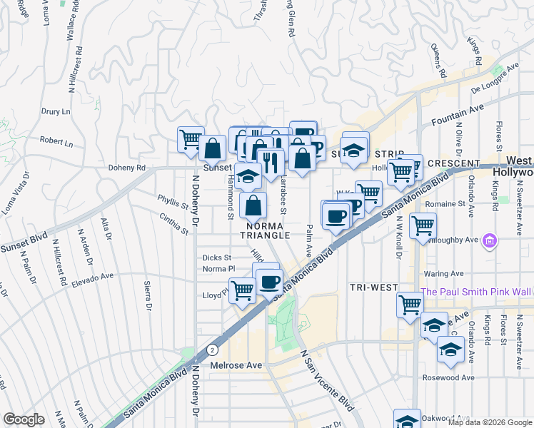 map of restaurants, bars, coffee shops, grocery stores, and more near 955 North San Vicente Boulevard in West Hollywood