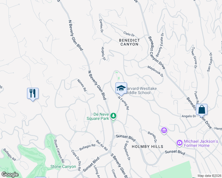 map of restaurants, bars, coffee shops, grocery stores, and more near 677 North Faring Road in Los Angeles