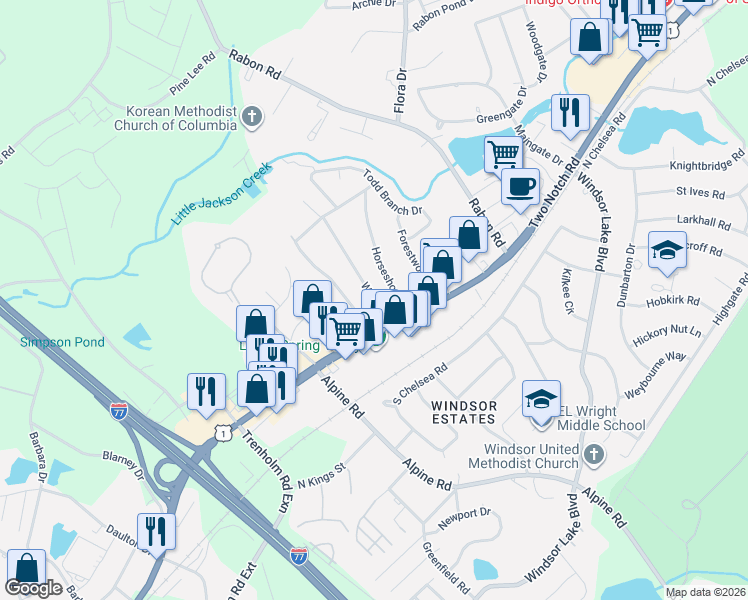 map of restaurants, bars, coffee shops, grocery stores, and more near 109 Horseshoe Circle in Columbia