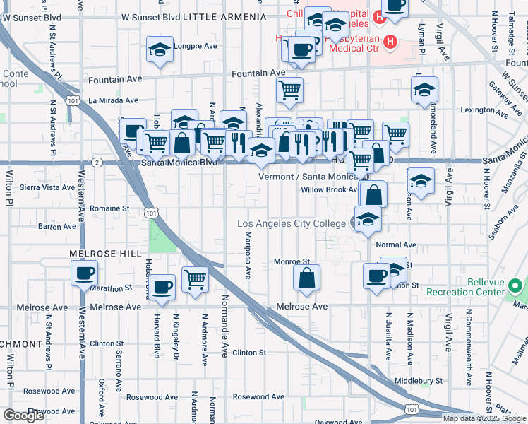 map of restaurants, bars, coffee shops, grocery stores, and more near 907 Alexandria Avenue in Los Angeles