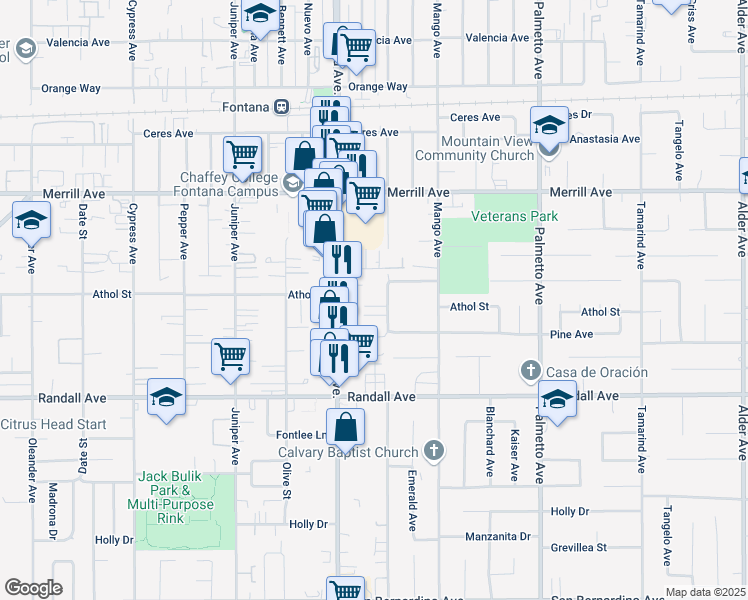map of restaurants, bars, coffee shops, grocery stores, and more near 9100 Acacia Avenue in Fontana