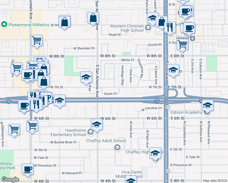 map of restaurants, bars, coffee shops, grocery stores, and more near 611 Azure Court in Upland