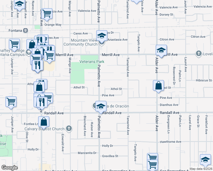 map of restaurants, bars, coffee shops, grocery stores, and more near 9115 Encinitas Avenue in Fontana
