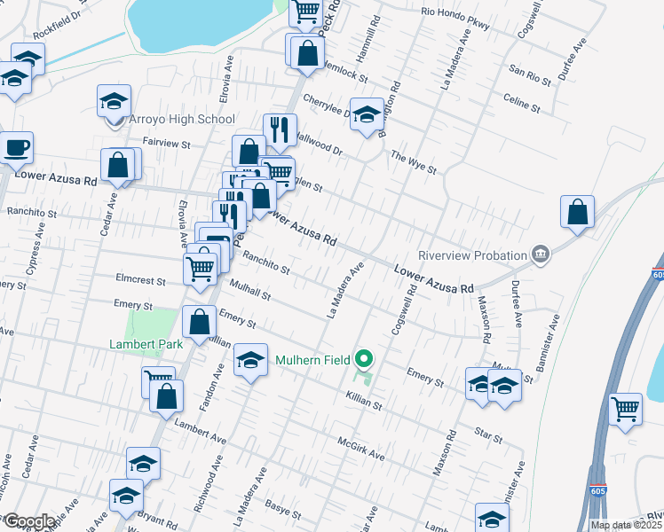 map of restaurants, bars, coffee shops, grocery stores, and more near 4731 Helmgate Drive in El Monte
