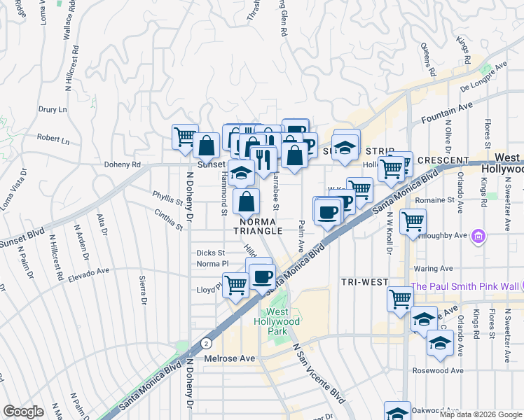 map of restaurants, bars, coffee shops, grocery stores, and more near 955 North San Vicente Boulevard in West Hollywood
