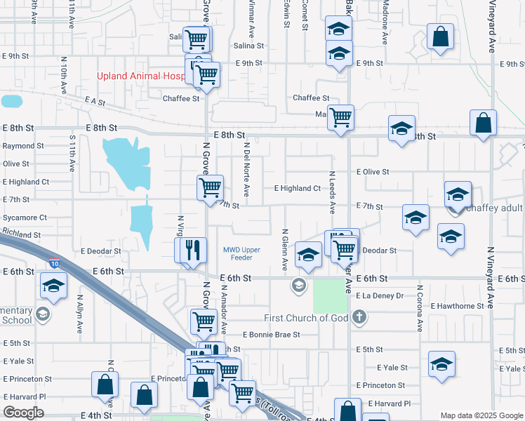 map of restaurants, bars, coffee shops, grocery stores, and more near 1412 East 7th Street in Ontario