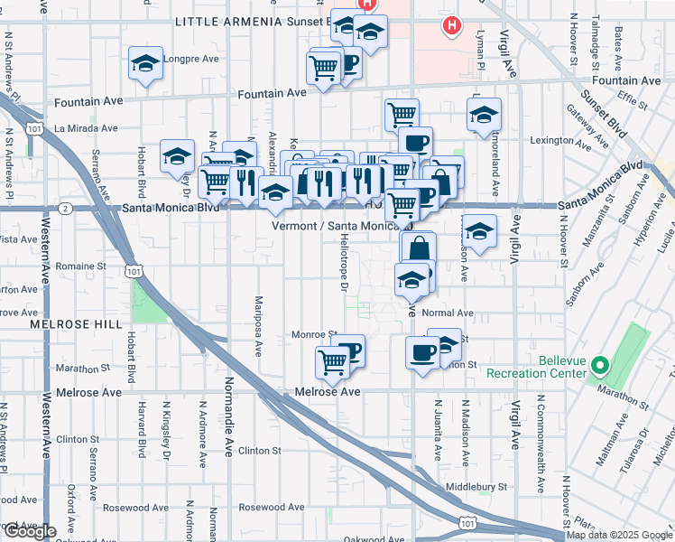 map of restaurants, bars, coffee shops, grocery stores, and more near 930 North Edgemont Street in Los Angeles