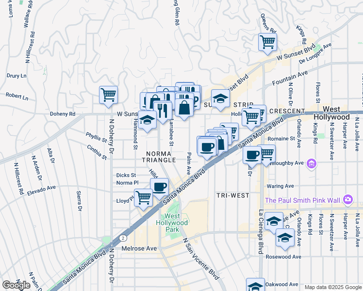 map of restaurants, bars, coffee shops, grocery stores, and more near in West Hollywood