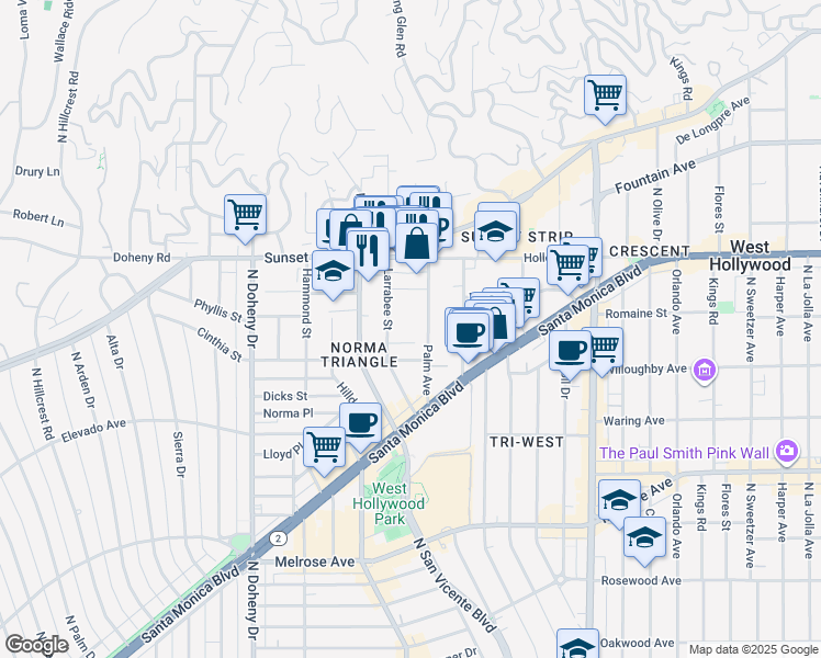 map of restaurants, bars, coffee shops, grocery stores, and more near in West Hollywood