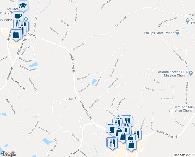 map of restaurants, bars, coffee shops, grocery stores, and more near 3748 Burel Mill Drive in Buford