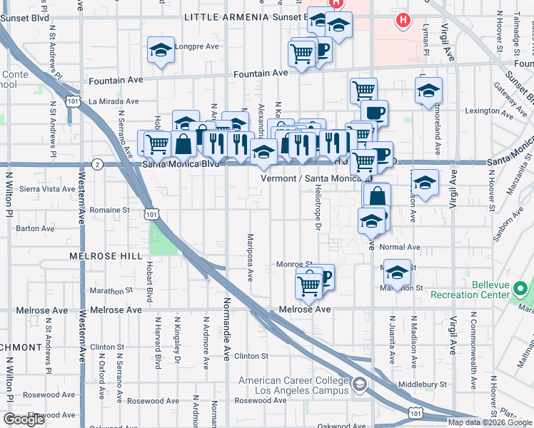 map of restaurants, bars, coffee shops, grocery stores, and more near 907 Alexandria Avenue in Los Angeles