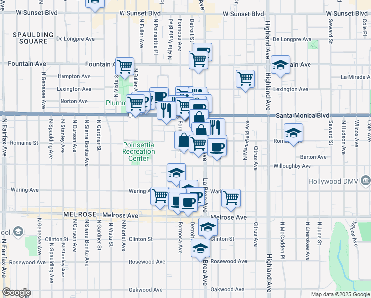 map of restaurants, bars, coffee shops, grocery stores, and more near 936 North Formosa Avenue in Los Angeles