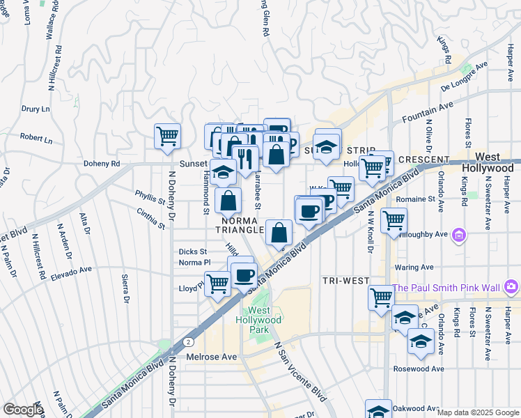 map of restaurants, bars, coffee shops, grocery stores, and more near 940 Larrabee Street in West Hollywood