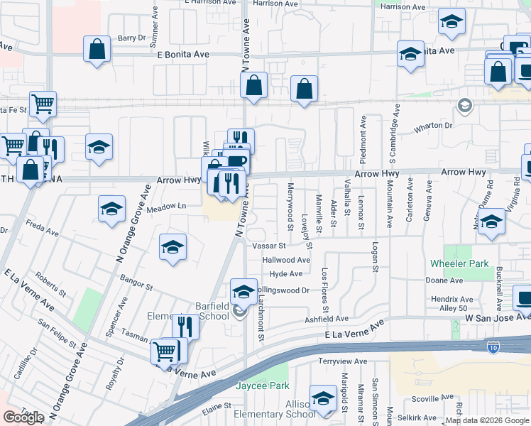map of restaurants, bars, coffee shops, grocery stores, and more near 822 Oakhurst Drive in Pomona