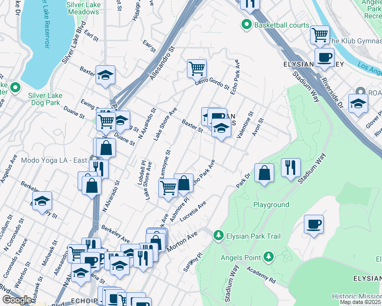 map of restaurants, bars, coffee shops, grocery stores, and more near 1966 Vestal Avenue in Los Angeles
