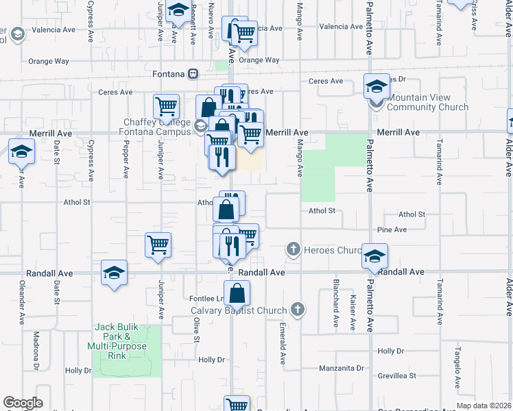map of restaurants, bars, coffee shops, grocery stores, and more near 9074 Acacia Avenue in Fontana