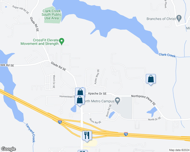 map of restaurants, bars, coffee shops, grocery stores, and more near 146 Aztec Way Southeast in Acworth