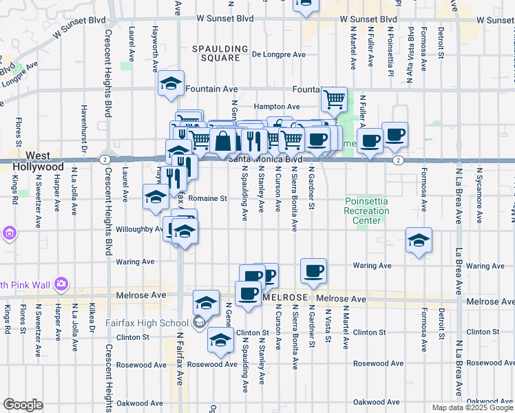 map of restaurants, bars, coffee shops, grocery stores, and more near 1008 North Stanley Avenue in West Hollywood
