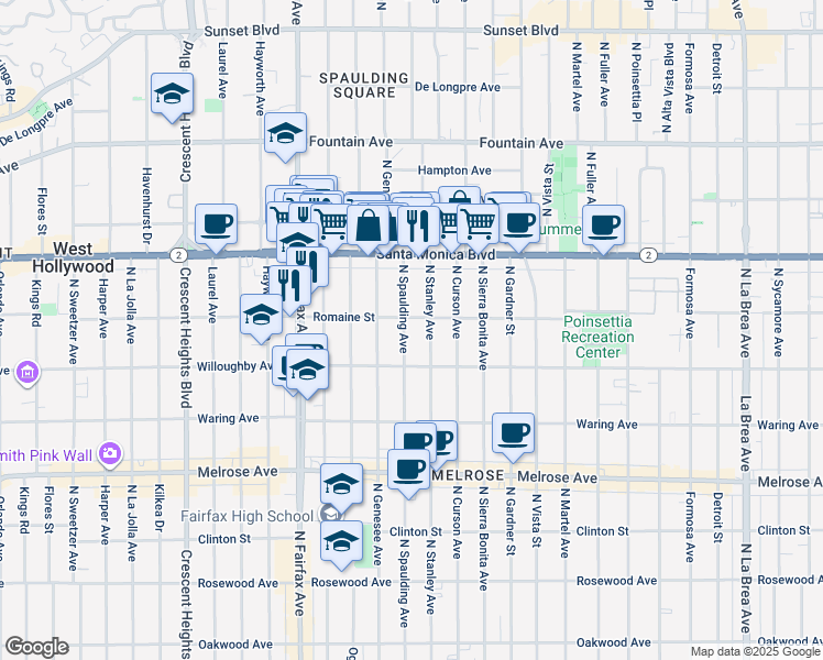 map of restaurants, bars, coffee shops, grocery stores, and more near 938 North Spaulding Avenue in West Hollywood