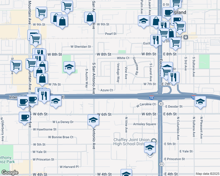 map of restaurants, bars, coffee shops, grocery stores, and more near 611 Azure Court in Upland