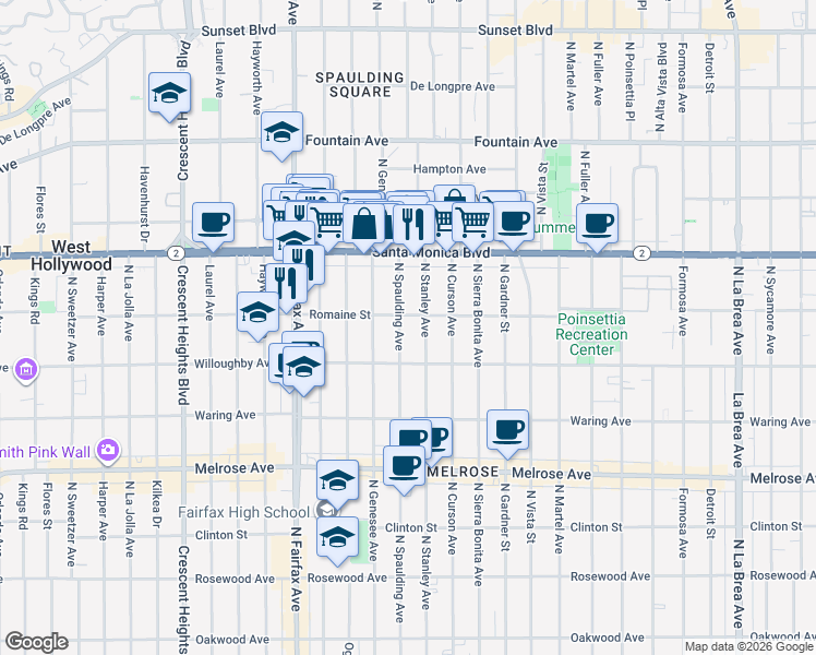 map of restaurants, bars, coffee shops, grocery stores, and more near 7741 Romaine Street in West Hollywood