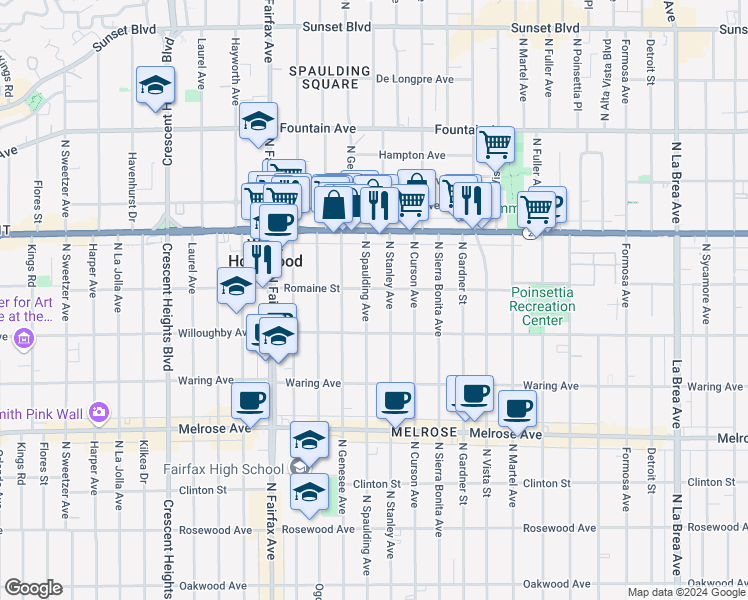 map of restaurants, bars, coffee shops, grocery stores, and more near 938 North Spaulding Avenue in Los Angeles