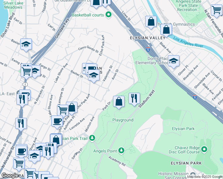 map of restaurants, bars, coffee shops, grocery stores, and more near 2100 Avon Street in Los Angeles