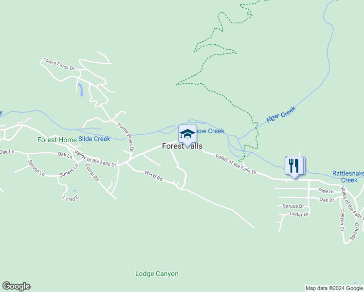map of restaurants, bars, coffee shops, grocery stores, and more near 41045 Valley of the Falls Drive in Forest Falls