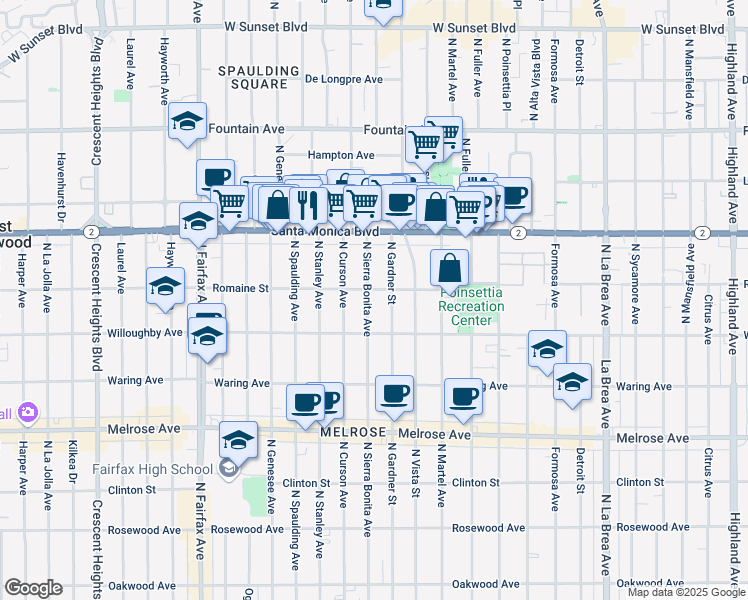 map of restaurants, bars, coffee shops, grocery stores, and more near 940 North Sierra Bonita Avenue in West Hollywood