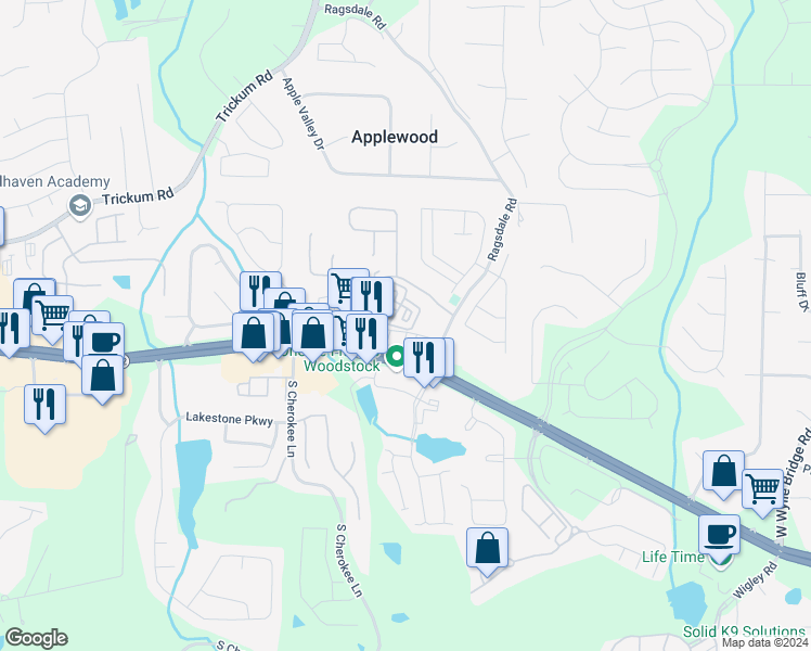 map of restaurants, bars, coffee shops, grocery stores, and more near 244 Village Square Drive in Woodstock