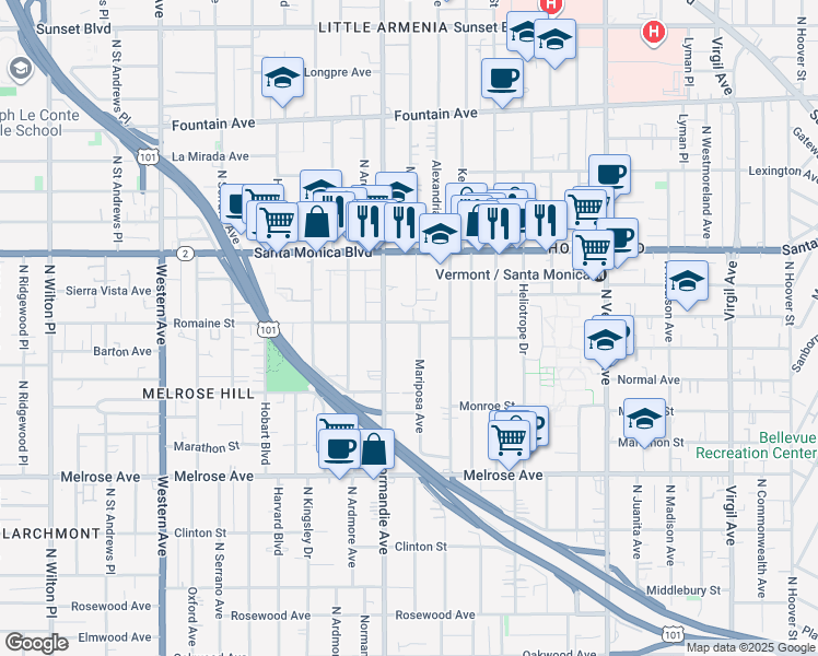 map of restaurants, bars, coffee shops, grocery stores, and more near 1000 North Mariposa Avenue in Los Angeles