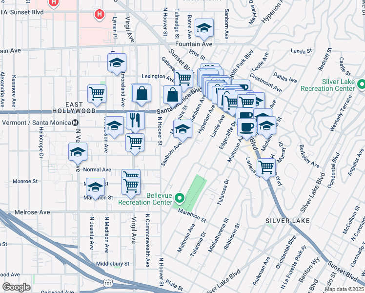 map of restaurants, bars, coffee shops, grocery stores, and more near 916 Sanborn Avenue in Los Angeles