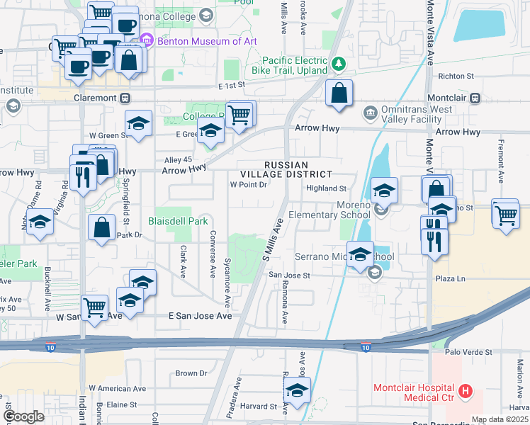 map of restaurants, bars, coffee shops, grocery stores, and more near 418 Victoria Place in Claremont