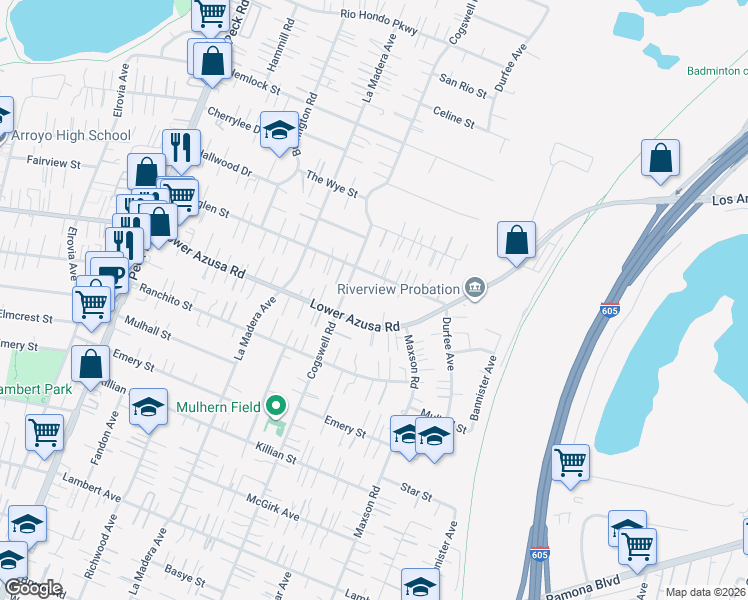 map of restaurants, bars, coffee shops, grocery stores, and more near 12020 Roseglen Street in El Monte