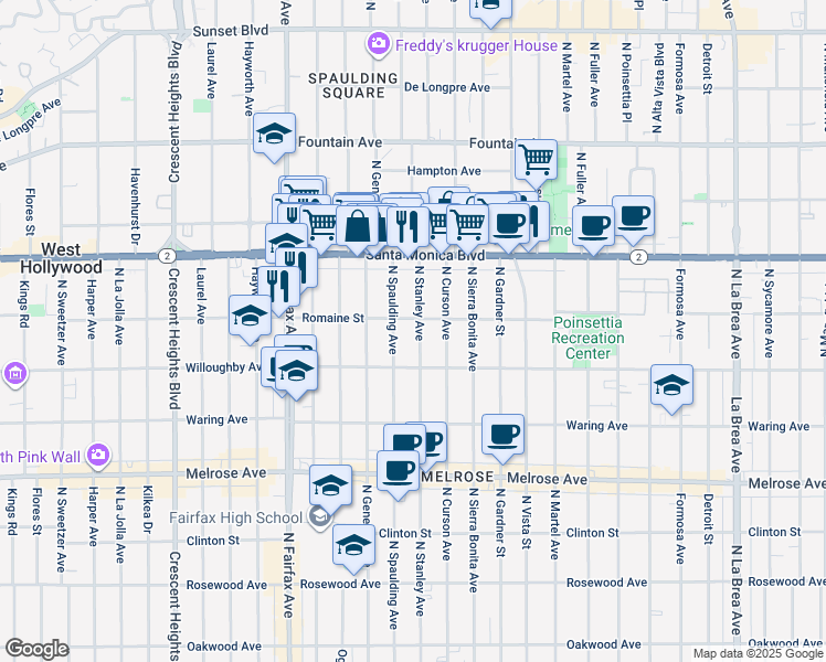 map of restaurants, bars, coffee shops, grocery stores, and more near 939 North Stanley Avenue in West Hollywood