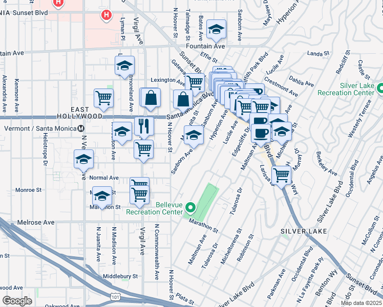 map of restaurants, bars, coffee shops, grocery stores, and more near 916 Sanborn Avenue in Los Angeles
