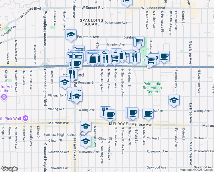 map of restaurants, bars, coffee shops, grocery stores, and more near 939 North Stanley Avenue in West Hollywood