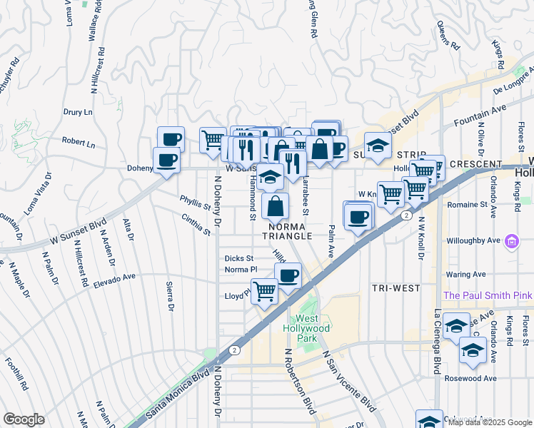 map of restaurants, bars, coffee shops, grocery stores, and more near 967 Hammond Street in West Hollywood