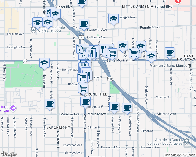 map of restaurants, bars, coffee shops, grocery stores, and more near 1013 North Serrano Avenue in Los Angeles