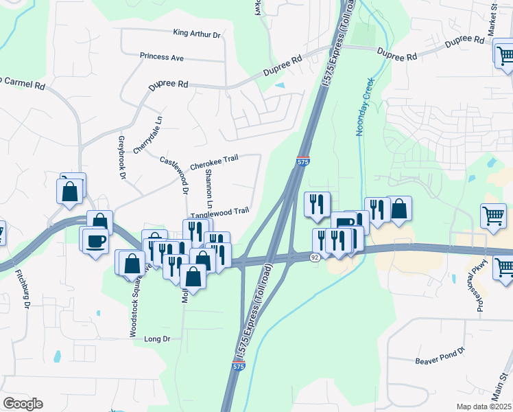 map of restaurants, bars, coffee shops, grocery stores, and more near 1020 Tanglewood Trail in Woodstock