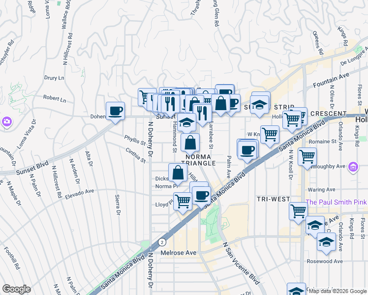 map of restaurants, bars, coffee shops, grocery stores, and more near 967 Hammond Street in West Hollywood
