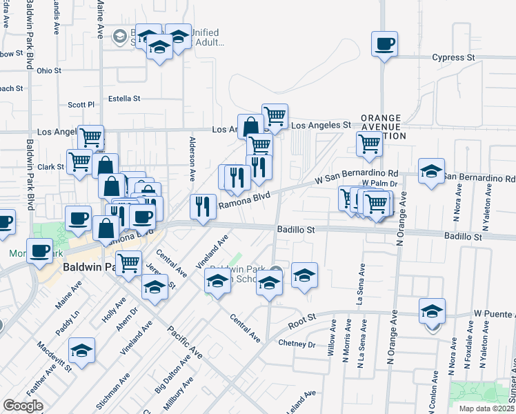 map of restaurants, bars, coffee shops, grocery stores, and more near 14941 Ramona Boulevard in Baldwin Park