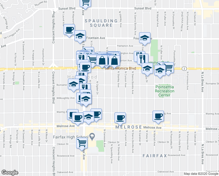map of restaurants, bars, coffee shops, grocery stores, and more near 939 North Spaulding Avenue in West Hollywood