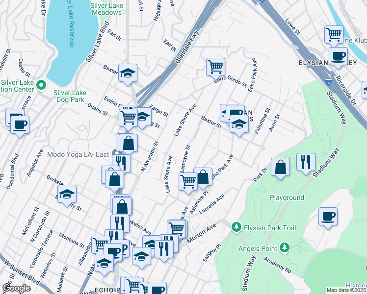 map of restaurants, bars, coffee shops, grocery stores, and more near 1933 Lemoyne Street in Los Angeles