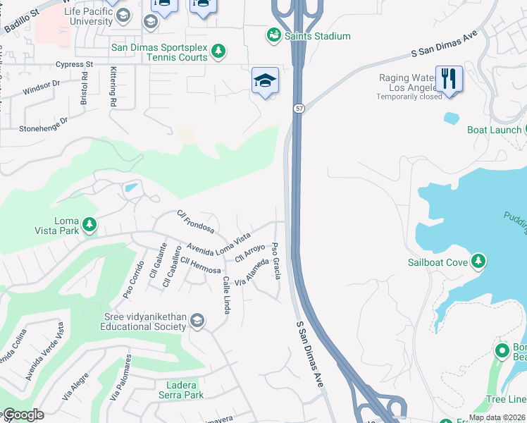 map of restaurants, bars, coffee shops, grocery stores, and more near 813 Avenida Loma Vista in San Dimas